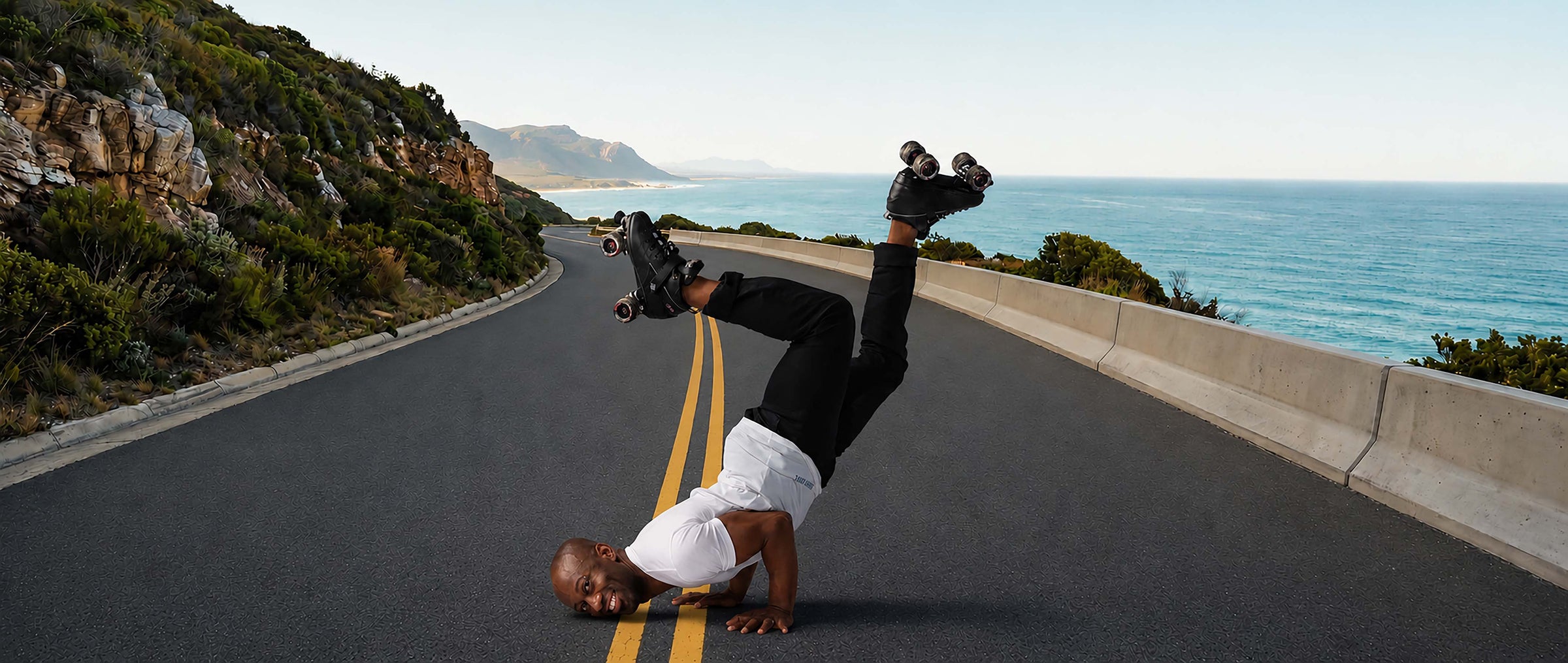 Man doing a handstand in the middle of a highway with a stunning ocean vista wearing white Bored Rebel t-shirt.