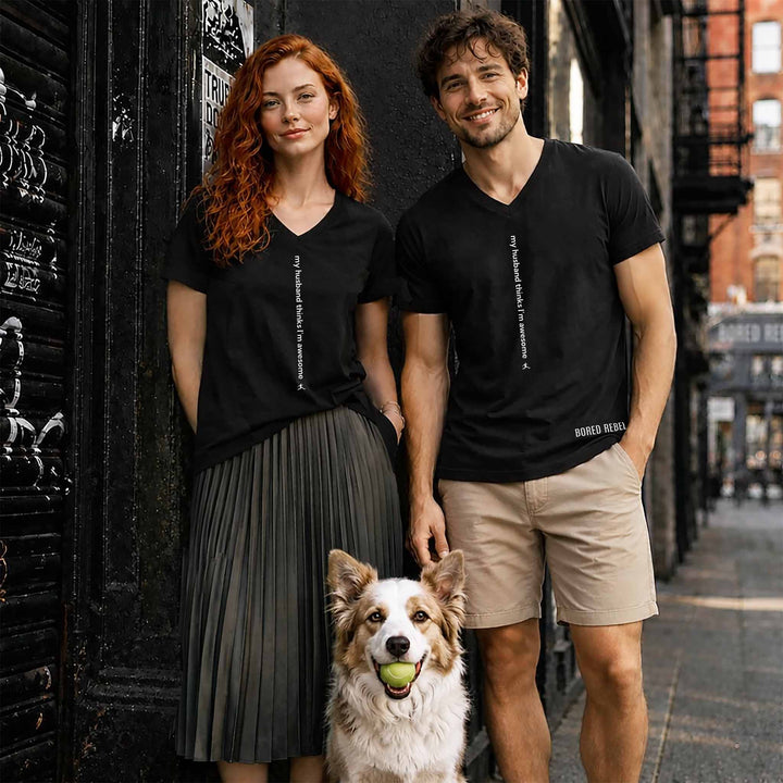 Man and woman each wearing Bored Rebel my husband thinks I&