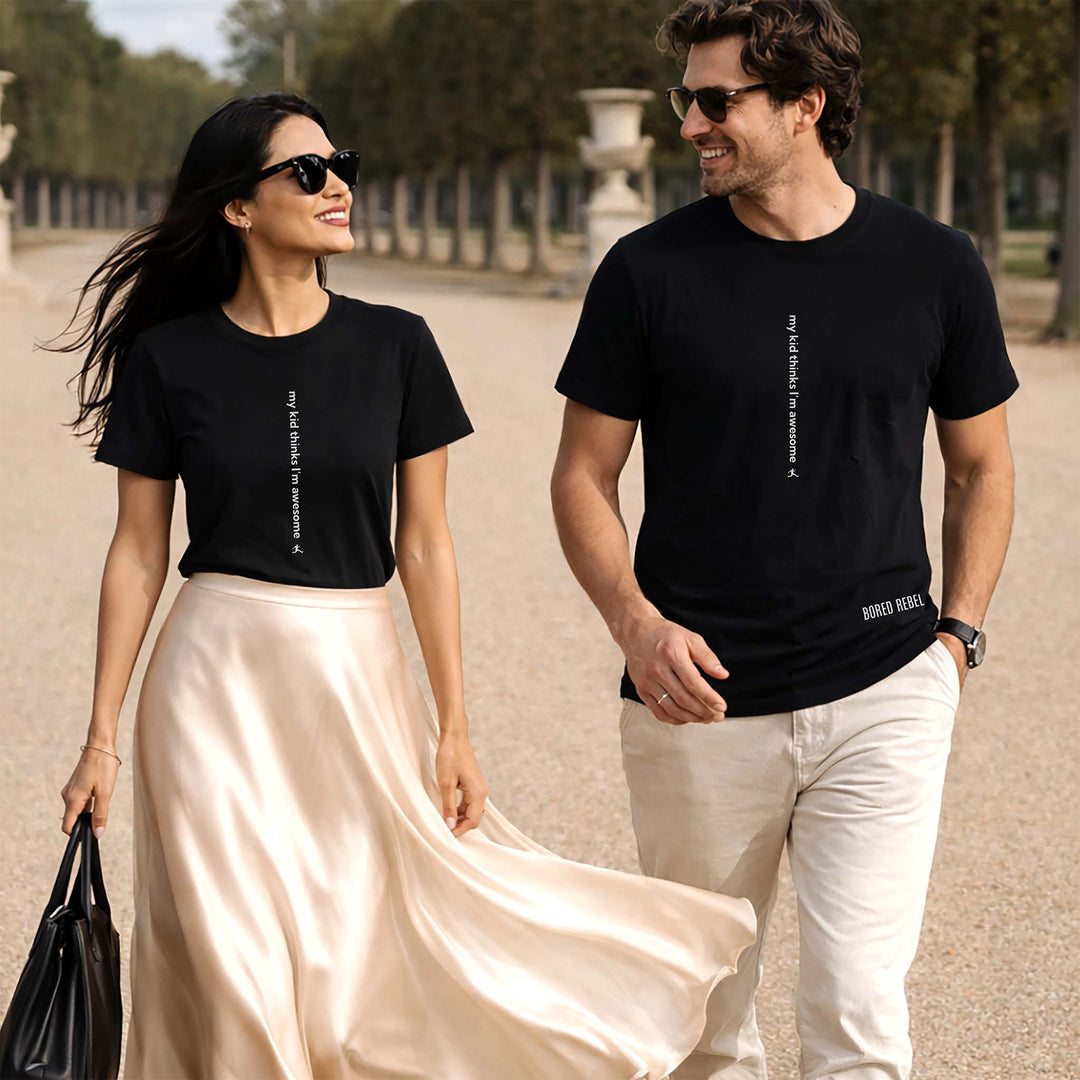 Man and woman each wearing Bored Rebel my kid thinks I&