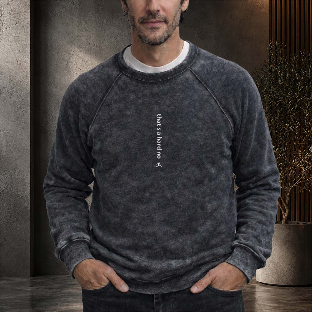 A man is wearing a Bored Rebel dark grey vintage wash sweatshirt. Vertical text centered on his chest reads "that&