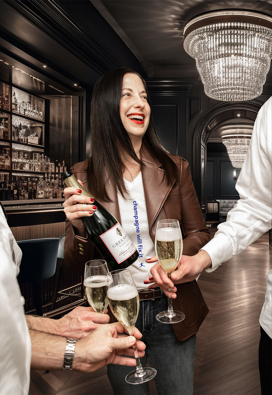 Woman toasting with champagne in a dark lounge
