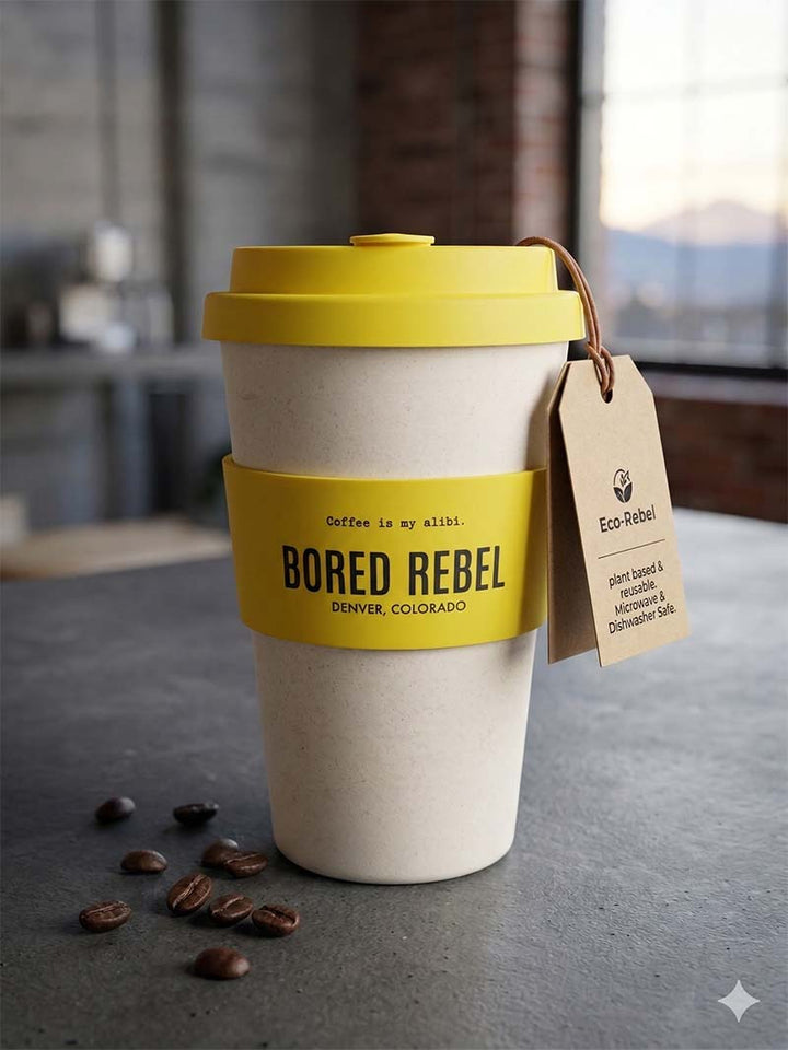 Reusable travel coffee cup with yellow lid and band, featuring &